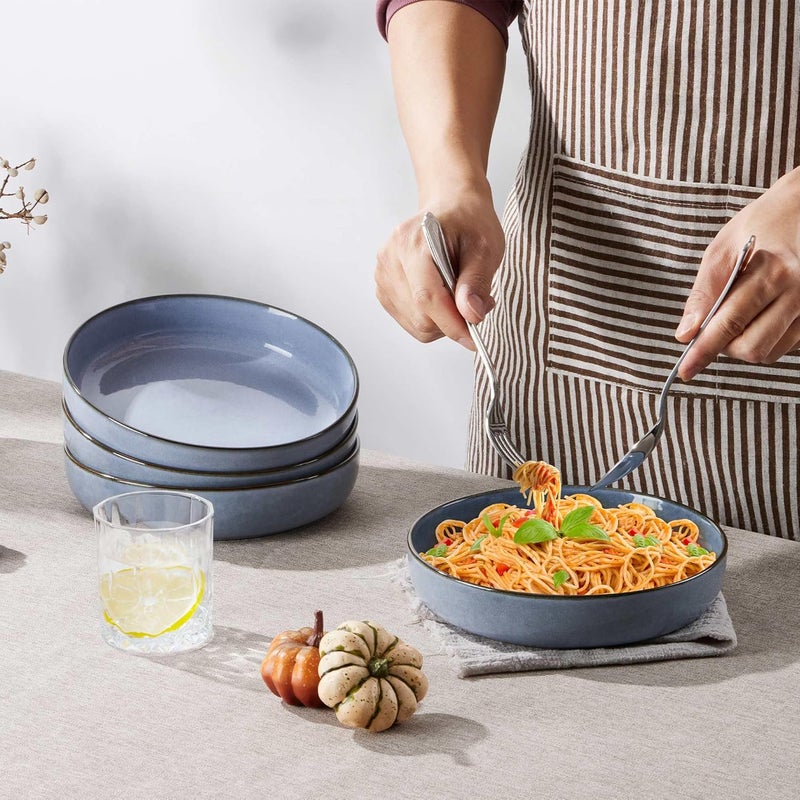 LIANYU Stoneware Pasta Bowls Set of 4 37oz Large Salad Pasta Bowl for Home Wide and Shallow Ceramic Plate Bowls for Serving Soup Dinner Microwave  Dishwasher Safe Serenity Blue - Image 2