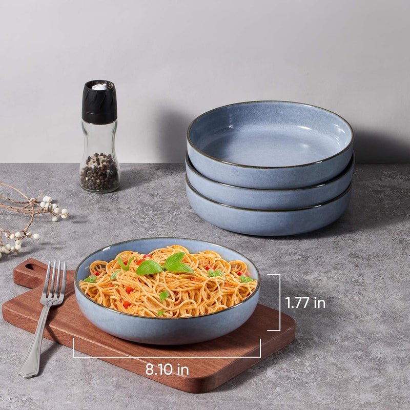LIANYU Stoneware Pasta Bowls Set of 4 37oz Large Salad Pasta Bowl for Home Wide and Shallow Ceramic Plate Bowls for Serving Soup Dinner Microwave  Dishwasher Safe Serenity Blue - Image 4