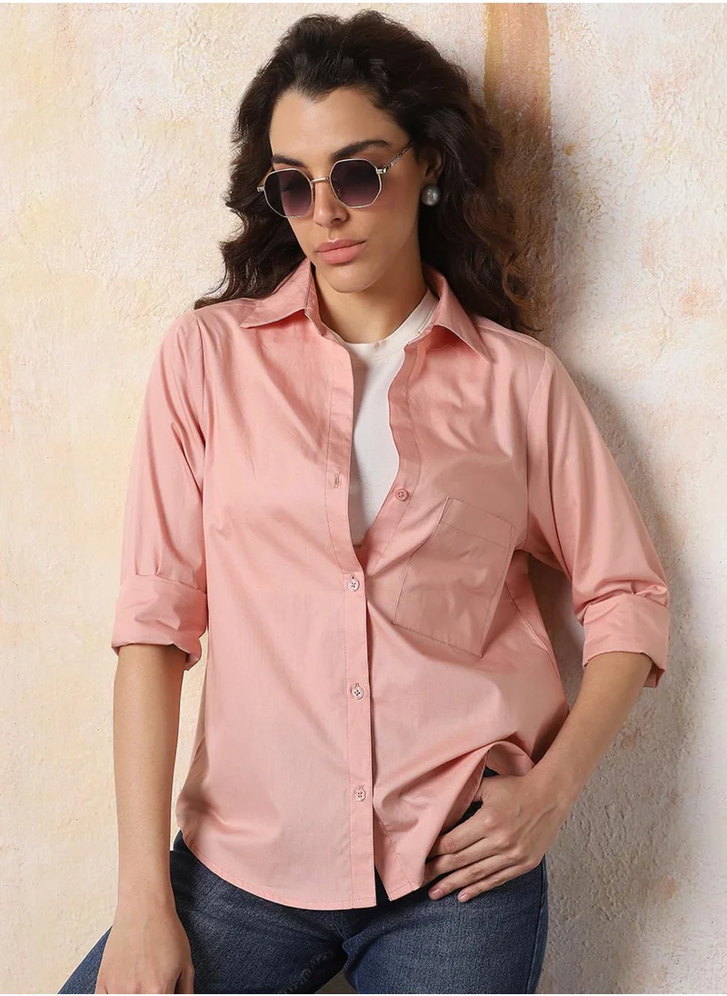 هاي ستار Stay effortlessly stylish with this comfortable Peach Oversized Shirts Solid design crafted from 100% Cotton featuring Long Sleeves with Button closure.