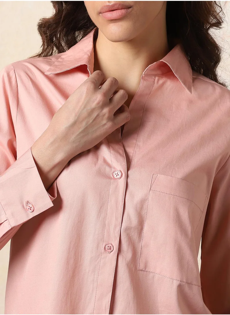 HIGH STAR Stay effortlessly stylish with this comfortable Peach Oversized Shirts Solid design crafted from 100% Cotton featuring Long Sleeves with Button closure.