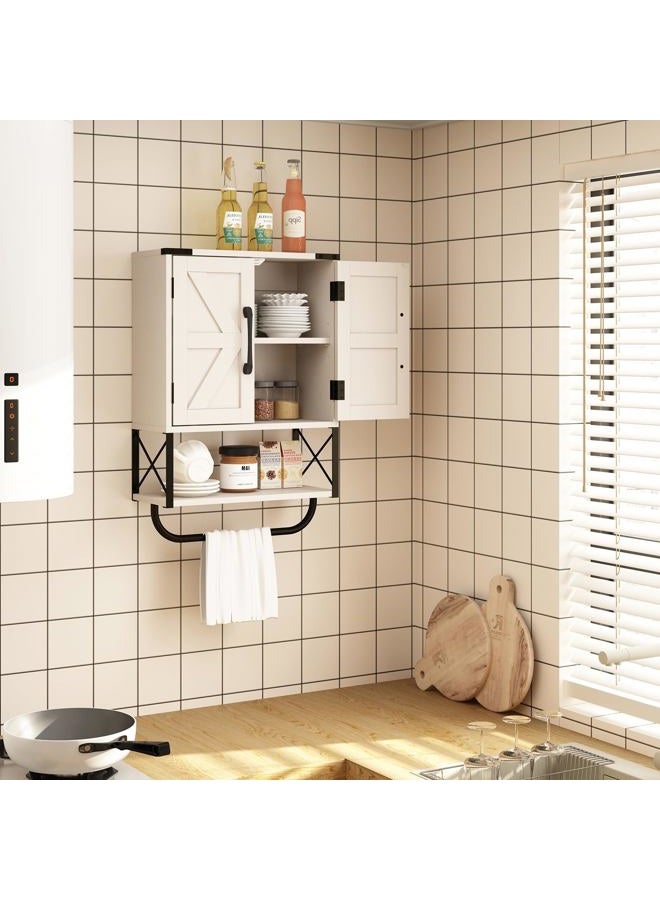 RUSTOWN Farmhouse Rustic Medicine Cabinet with Two Barn Door,Wood Wall Mounted Storage Cabinet with Adjustable Shelf and Towel Bar, 3-Tier Cabinet for Bathroom, Living Room(Vintage White) - Image 3