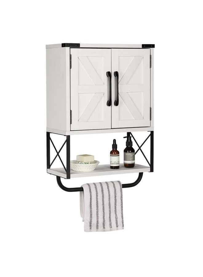 RUSTOWN Farmhouse Rustic Medicine Cabinet with Two Barn Door,Wood Wall Mounted Storage Cabinet with Adjustable Shelf and Towel Bar, 3-Tier Cabinet for Bathroom, Living Room(Vintage White) - Image 1