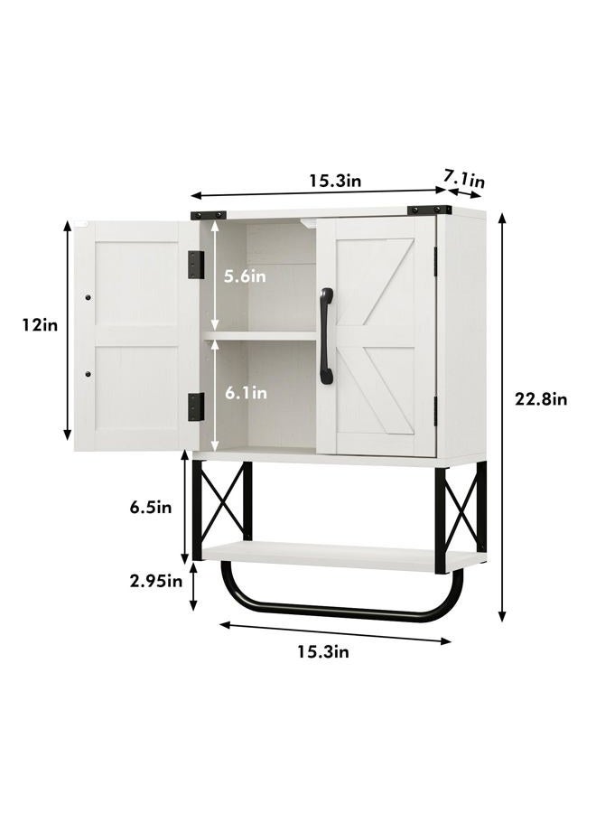 RUSTOWN Farmhouse Rustic Medicine Cabinet with Two Barn Door,Wood Wall Mounted Storage Cabinet with Adjustable Shelf and Towel Bar, 3-Tier Cabinet for Bathroom, Living Room(Vintage White) - Image 4