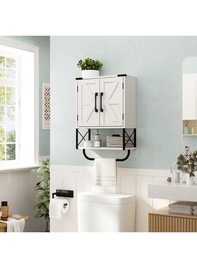 RUSTOWN Farmhouse Rustic Medicine Cabinet with Two Barn Door,Wood Wall Mounted Storage Cabinet with Adjustable Shelf and Towel Bar, 3-Tier Cabinet for Bathroom, Living Room(Vintage White) - Image 2