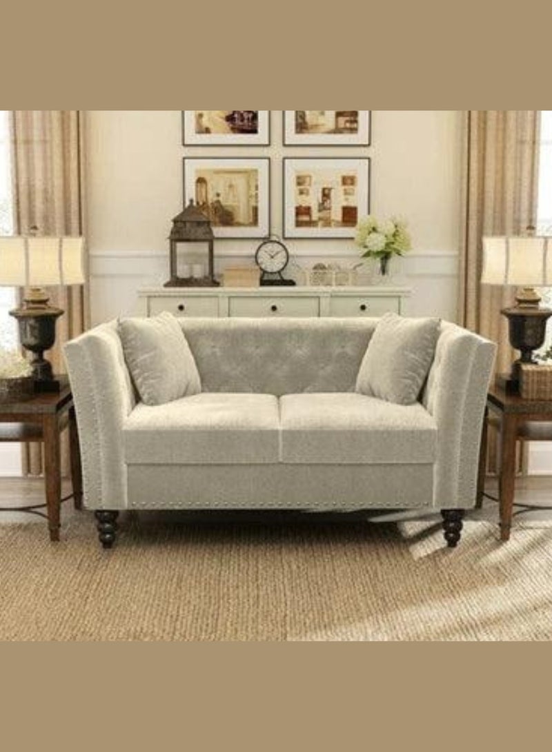 Wooden Twist Rectangular Arm Loveseat 2 Seater Sofa Walnut Legs ( Cream )