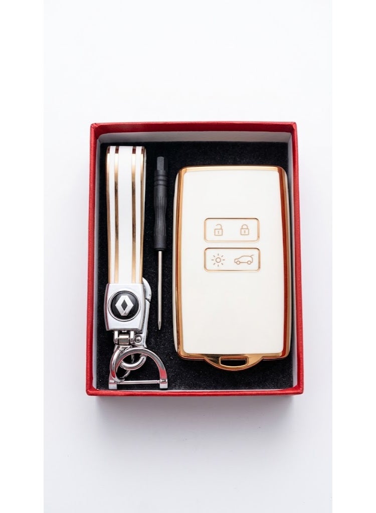 CGS Renault Smart car key fob protective case - white and luxurious with gold frame, stylish key ring, and screwdriver for installation (Renault-c WHITE) - Image 1