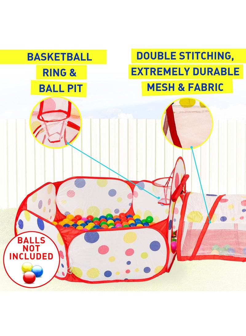 3pc Kids Play Tent Crawl Tunnel and Ball Pit with Basketball Hoop Durable Pop Up Playhouse Tent for Boys Girls Babies Toddlers Pets for Indoor and Outdoor Use with Carrying Case  - Image 4