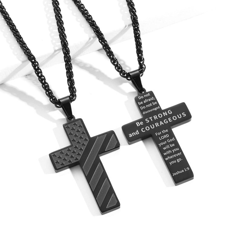 DuoDiner Black Cross Necklace Pendant for Men Boys American Flag Chain First Communion Confirmation Baptism Christian Gifts Teen Teenage Boys (Joshua 1:9) - Image 2