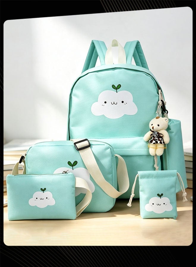 Mint Green Cloud Print Backpack Set Student Large Capacity School Bag with Crossbody Bag Pencil Pouch and Drawstring Pouch - Image 1
