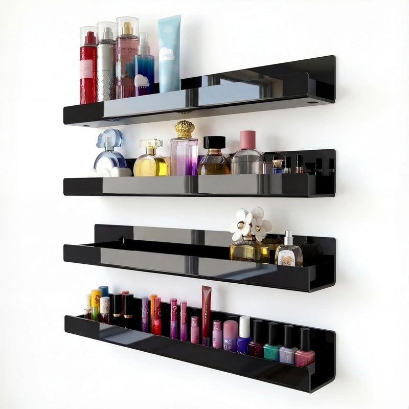 RORKIM 4 Pack 15 Inch Black Acrylic Shelves, Black Kids Floating Bookshelf for Kids Room, Modern Nail Polish Rack Sunglasses Essential Oil Picture Ledge Display Toy Storage Wall Shelf - Image 1