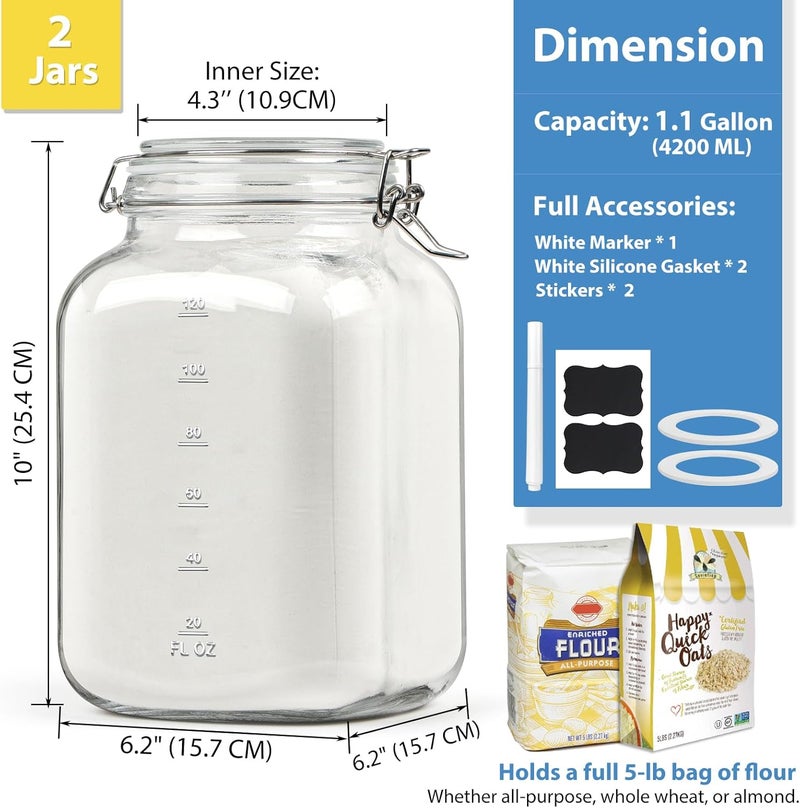 Sovietiep 2 Pack 1 Gallon Square Super Wide-Mouth Glass Jars with Airtight Lids - Glass Storage Jars with 2 Measurement Mark - Canning Jars with Large Capacity, Sturdy For Canning, Overnight Oats, 4200 ML - Image 2