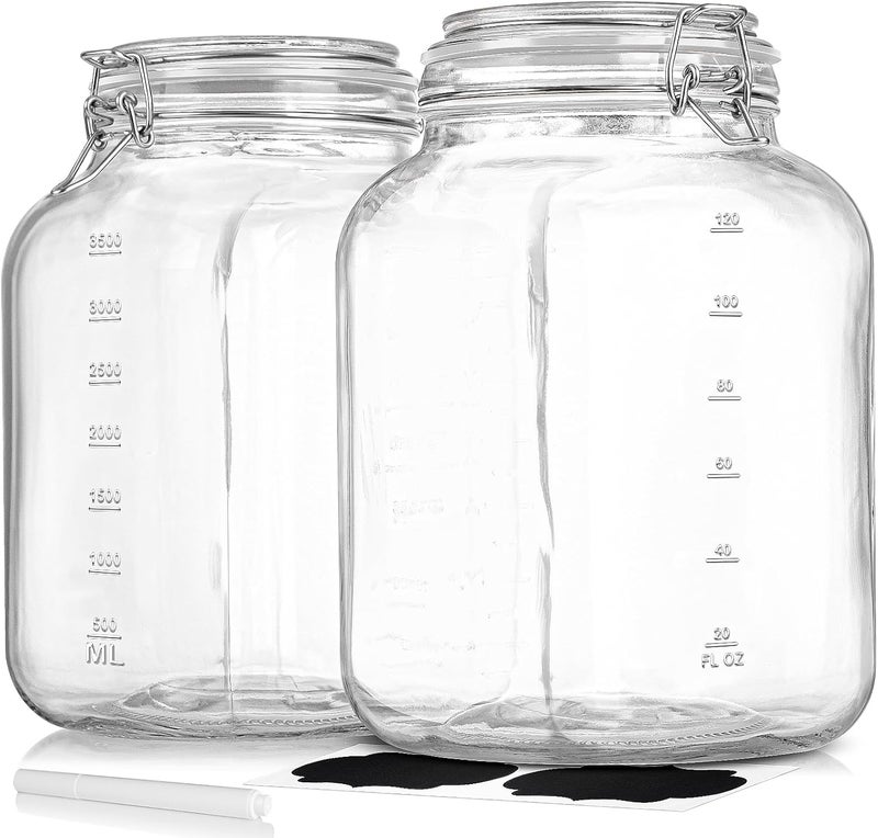 Sovietiep 2 Pack 1 Gallon Square Super Wide-Mouth Glass Jars with Airtight Lids - Glass Storage Jars with 2 Measurement Mark - Canning Jars with Large Capacity, Sturdy For Canning, Overnight Oats, 4200 ML - Image 1