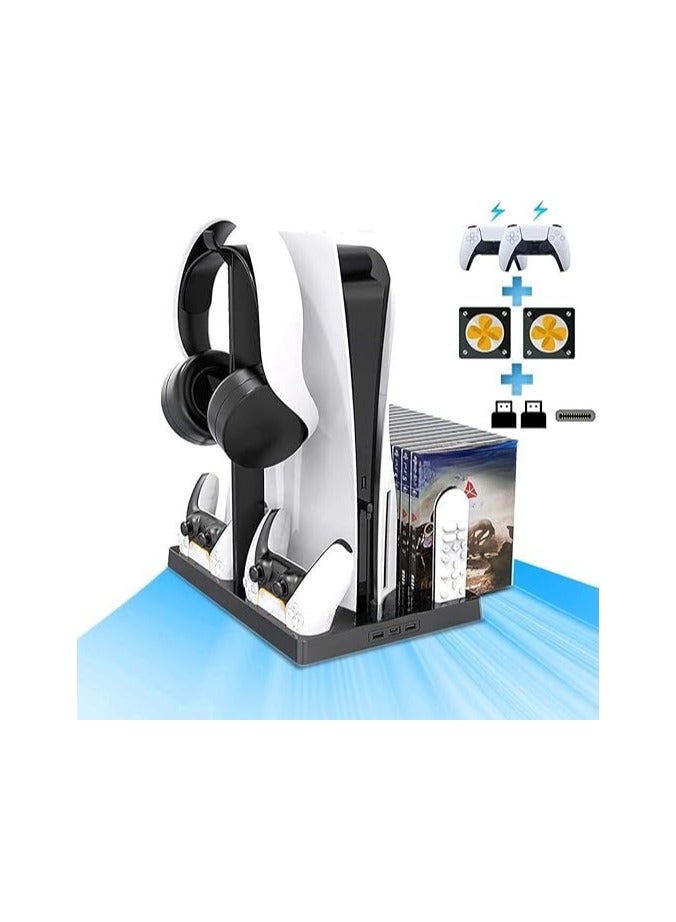 Vertical Stand for PlayStation 5 with Suction Cooling Fan, Dual Controller Charging Dock, Headset & Game Accessories Holder – Metal Base - Image 1