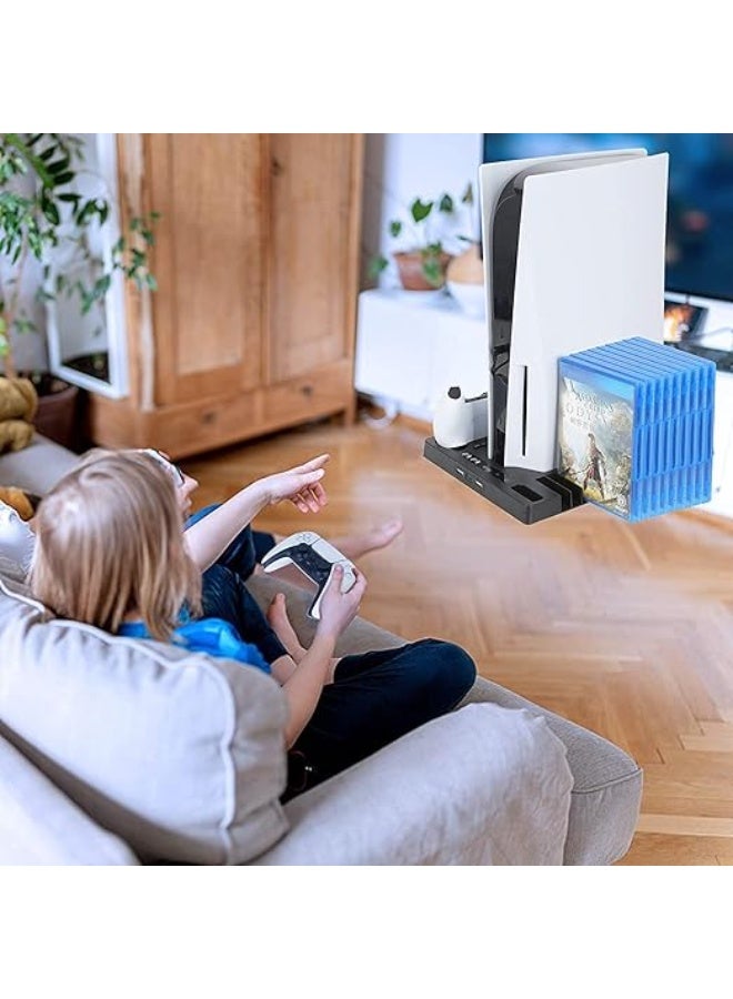 Vertical Stand for PlayStation 5 with Suction Cooling Fan, Dual Controller Charging Dock, Headset & Game Accessories Holder – Metal Base - Image 2