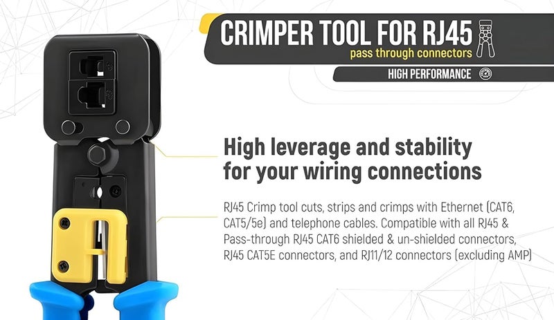 BUYFLUX Professional RJ45 Crimp Pass-Through Cat5 Cat5e Cat6 Heavy Duty Crimping Tool with Cable stripper, Blue Network Cable Cutting Stripping Crimper | Wire Stripper | Wire Cutter - Image 3