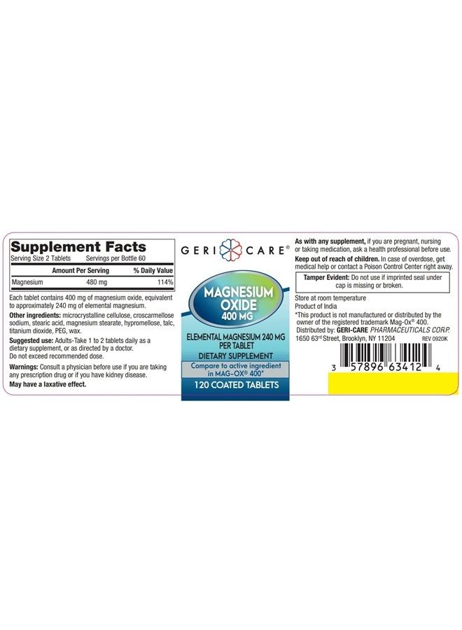 GeriCare Geri Care Magnesium Oxide 400 mg, 120 Tablets Per Bottle (6 Bottles) 