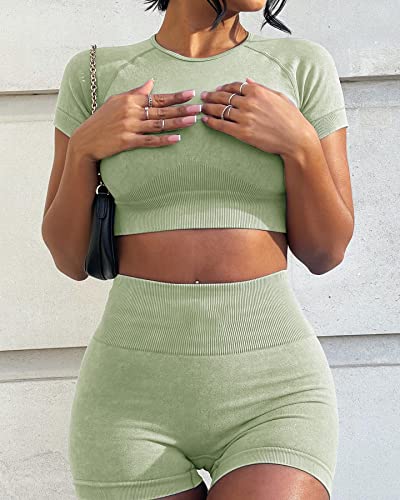 OLCHEE Womens Workout Sets 2 Piece - Seamless Acid Wash Yoga Outfits Leggings Shorts and Crop Top Matching Gym Activewear Athletic Clothing Set - Green Medium - Image 4