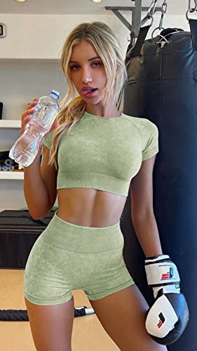 OLCHEE Womens Workout Sets 2 Piece - Seamless Acid Wash Yoga Outfits Leggings Shorts and Crop Top Matching Gym Activewear Athletic Clothing Set - Green Medium - Image 5