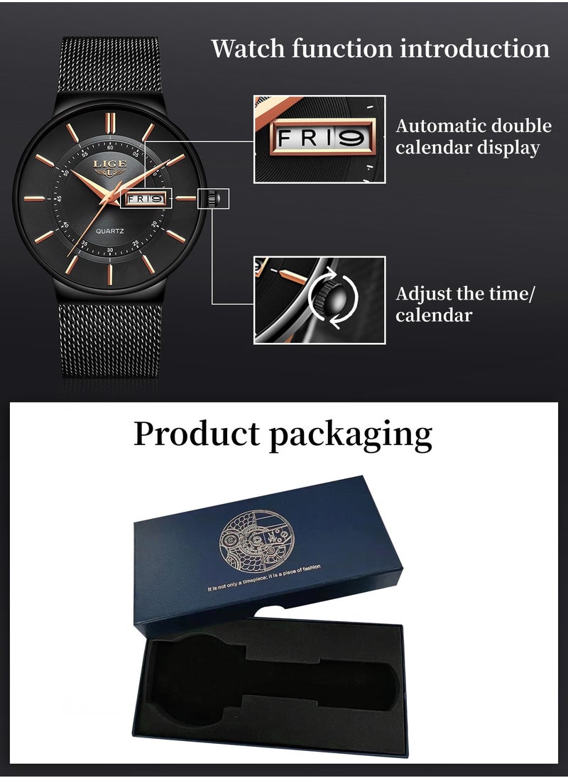 LIGE Mens Waterproof Ultra Thin Watches Calendar Function Simple and Stylish Quartz Watch Sports Mesh Strap Black  - Image 5