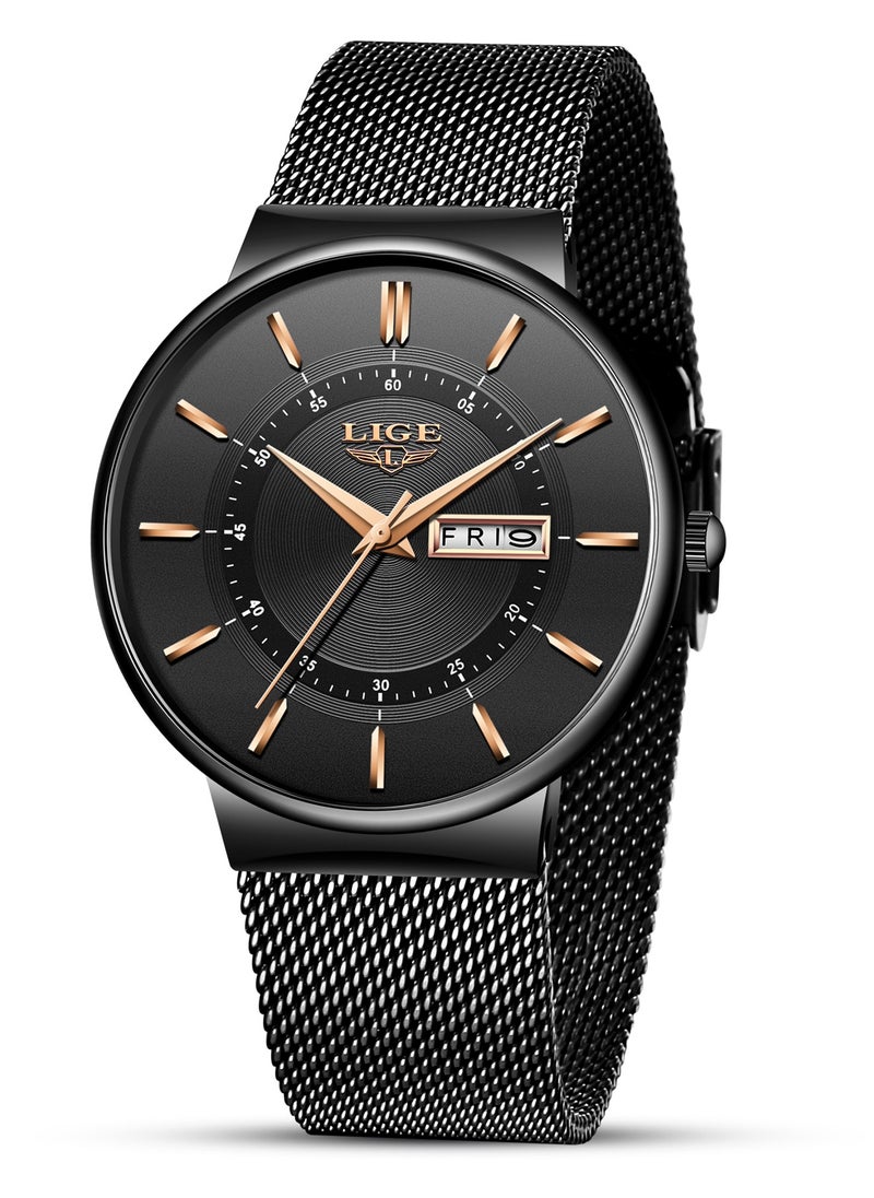 LIGE Mens Waterproof Ultra Thin Watches Calendar Function Simple and Stylish Quartz Watch Sports Mesh Strap Black  - Image 2