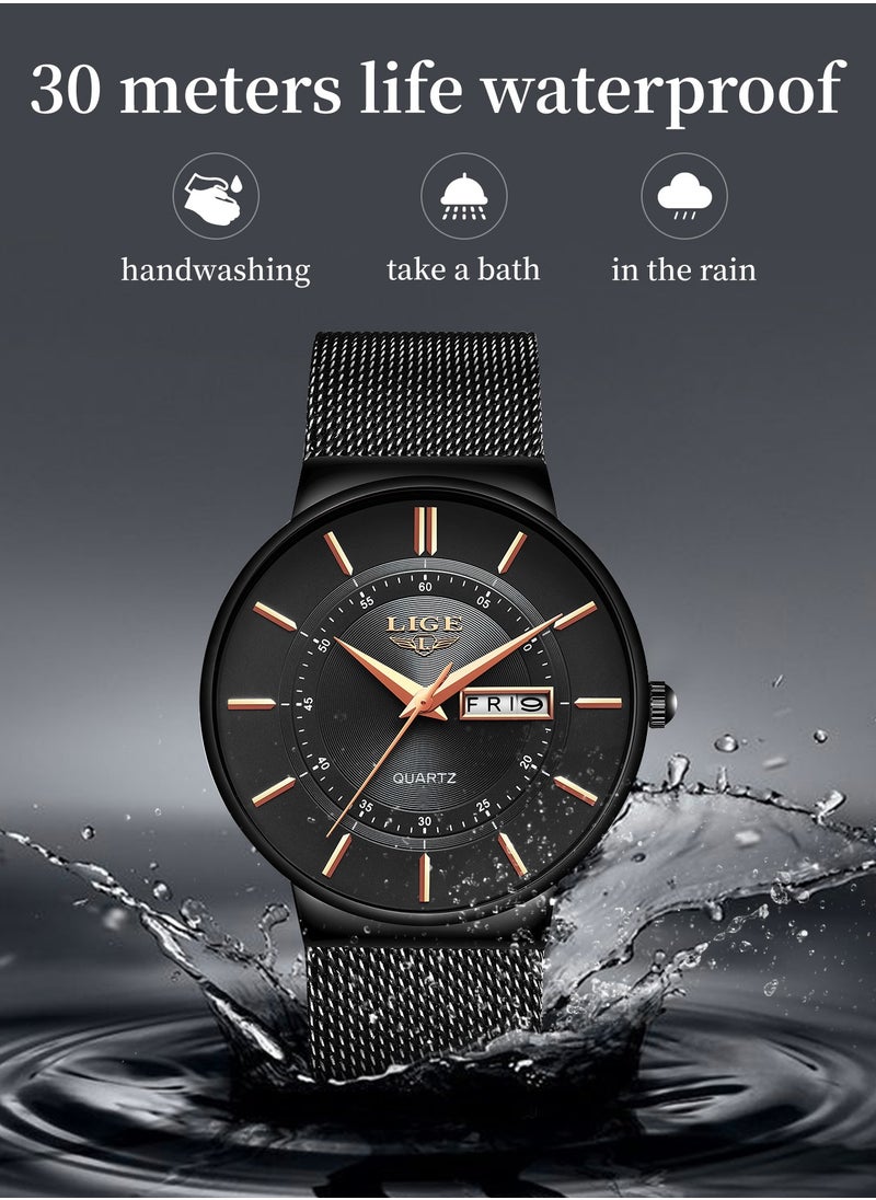 LIGE Mens Waterproof Ultra Thin Watches Calendar Function Simple and Stylish Quartz Watch Sports Mesh Strap Black  - Image 4
