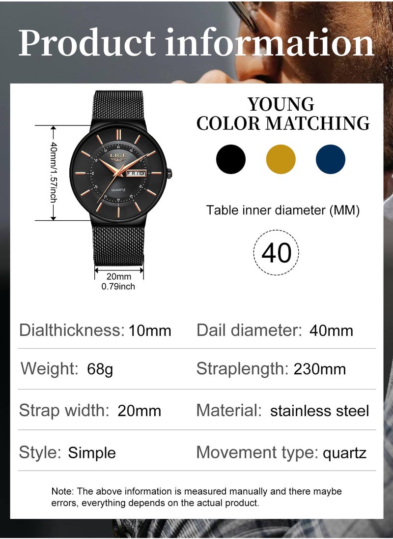 LIGE Mens Waterproof Ultra Thin Watches Calendar Function Simple and Stylish Quartz Watch Sports Mesh Strap Black  - Image 3