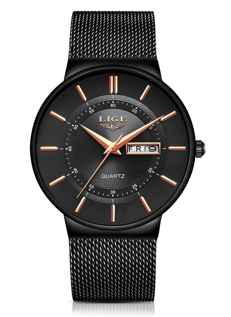 LIGE Mens Waterproof Ultra Thin Watches Calendar Function Simple and Stylish Quartz Watch Sports Mesh Strap Black  - Image 1