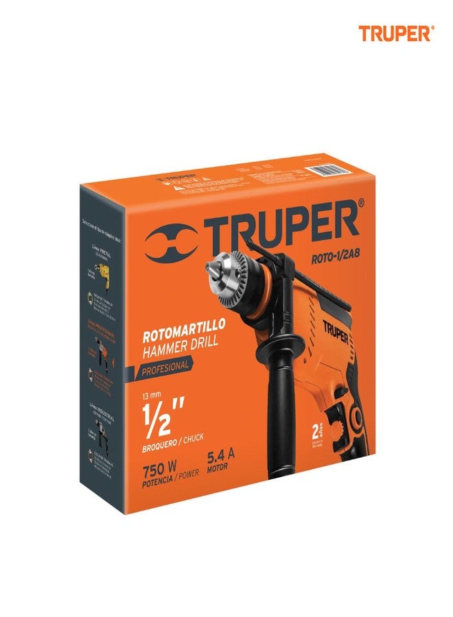 Truper 1/2" Professional 700W Rotary Hammer Drill, 110V, 5A, Orange - Image 4