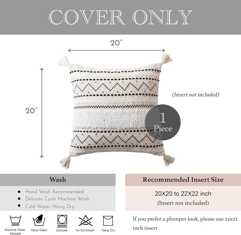 BlissBlush Decorative Cushion Cover 51 x 51 cm, Square, Boho Black Neutral White Accent Cushion Cover with Fringes, Farmhouse Cushion for Sofa, Bedroom, Living Room (Cover Only, Pack of 1) - Image 4