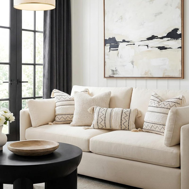 BlissBlush Decorative Cushion Cover 51 x 51 cm, Square, Boho Black Neutral White Accent Cushion Cover with Fringes, Farmhouse Cushion for Sofa, Bedroom, Living Room (Cover Only, Pack of 1) - Image 3