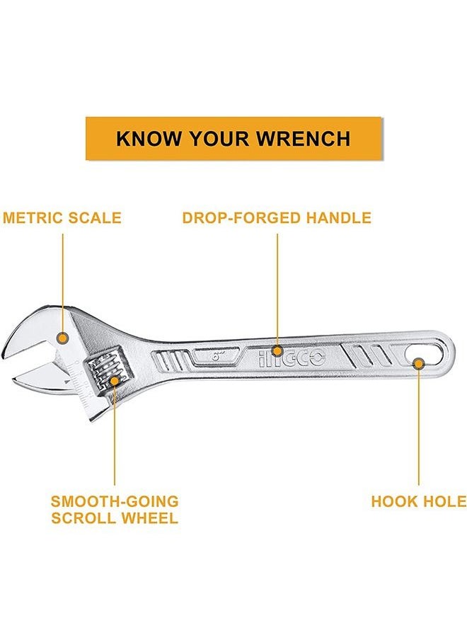 INGCO - Premium Carbon Steel Adjustable Wrench With Satin Finish 6 Inch - Image 1