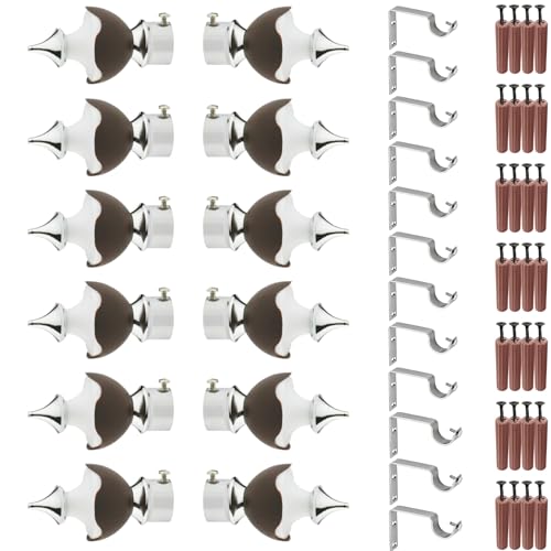 GRIVAN Stainless Steel & ABS Curtain Bracket Parda Holder with Support 1 Inch Rod Pocket Finials Designer Door and Window Rod Support Fittings, Curtain Rod Holder (Pair of 6 , Dark Brown ) - Image 1