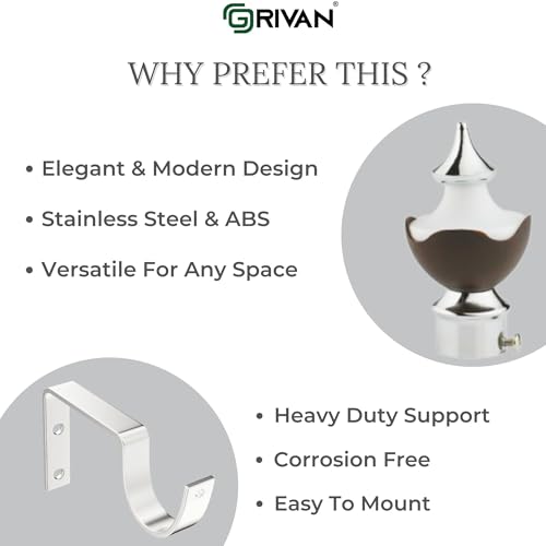GRIVAN Stainless Steel & ABS Curtain Bracket Parda Holder with Support 1 Inch Rod Pocket Finials Designer Door and Window Rod Support Fittings, Curtain Rod Holder (Pair of 6 , Dark Brown ) - Image 3