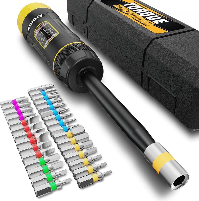 Aiourx Long Shank Torque Screwdriver Set, 10-80 Inch Pounds lbs, 32 Piece 1/4" Drive Torque Screwdriver Wrench with S2 Steel Bits for Bicycle Mechanics, Mechanical Equipment, and Mounting - Image 1