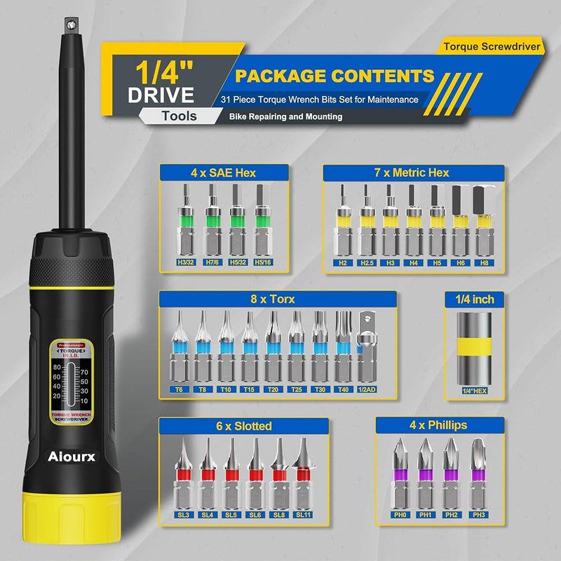 Aiourx Long Shank Torque Screwdriver Set, 10-80 Inch Pounds lbs, 32 Piece 1/4" Drive Torque Screwdriver Wrench with S2 Steel Bits for Bicycle Mechanics, Mechanical Equipment, and Mounting - Image 2