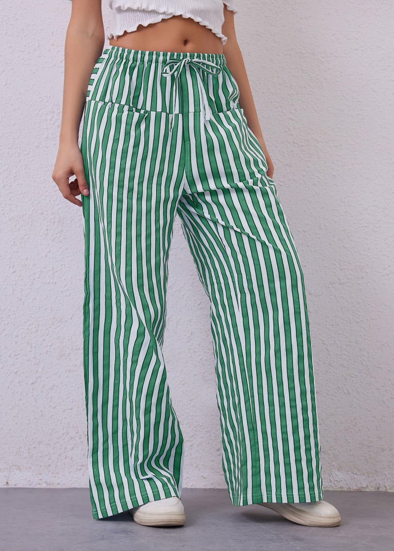 MISSACTIVER Women Drawstring Striped Pants Loose Wide Leg Trousers Casual Low Waist Pants Comfy Lounge Pants with Pockets Green - Image 3