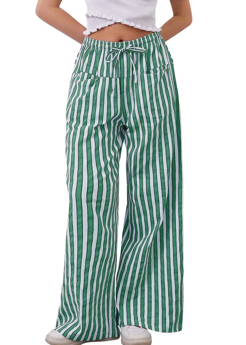 MISSACTIVER Women Drawstring Striped Pants Loose Wide Leg Trousers Casual Low Waist Pants Comfy Lounge Pants with Pockets Green - Image 1