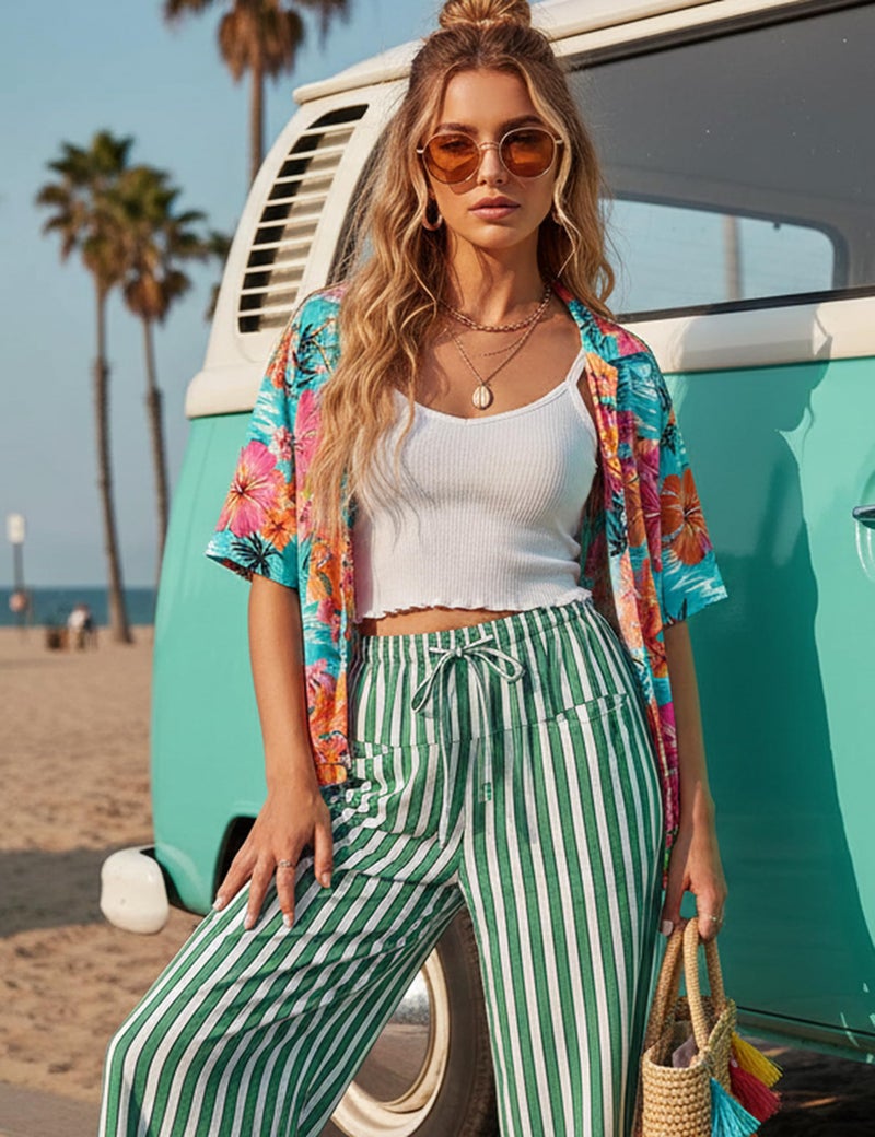 MISSACTIVER Women Drawstring Striped Pants Loose Wide Leg Trousers Casual Low Waist Pants Comfy Lounge Pants with Pockets Green - Image 2