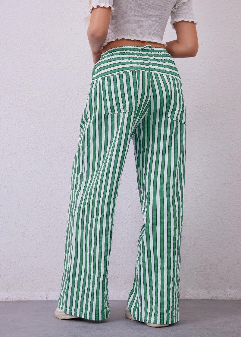 MISSACTIVER Women Drawstring Striped Pants Loose Wide Leg Trousers Casual Low Waist Pants Comfy Lounge Pants with Pockets Green - Image 4
