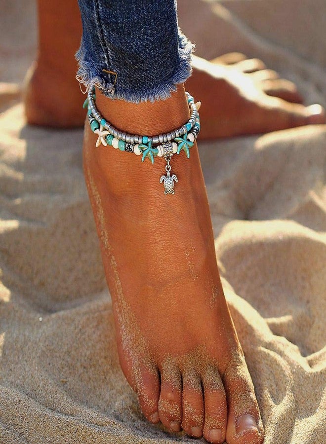Suyi Sea Turtle Ankle Bracelet Set Multilayer Beach Anklets Handmade Boho Anklets for Women 5pcs - Image 2