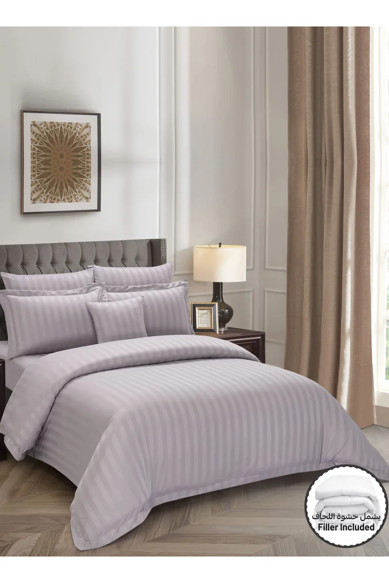 دوناتيلا Striped Comforter Set, King Size (260x240 cm), 8-Piece Hotel Bedding with 350 GSM Filling – Comforter, Comforter Cover, Fitted Sheet, Pillowcases &amp; Cushion Cover