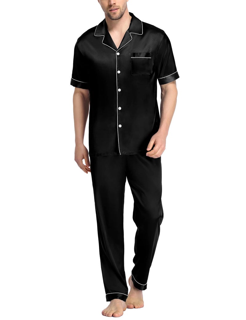 SWOMOG Mens Satin Pajama Set Short Sleeve Classic Sleepwear Button Down Silky Loungewear with Long Pants Black Medium - Image 1