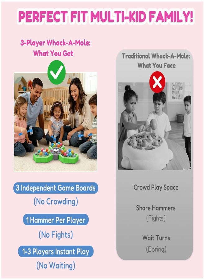 TooLion 3-Player Whack Game Mole for Kids 3-12 Boys Girls - 3 Independent Game Boards,3 Modes with Sound & Light,Safe Educational Pounding Toy,Christmas Birthday Gift for Multi-Kid Families,Green - Image 4