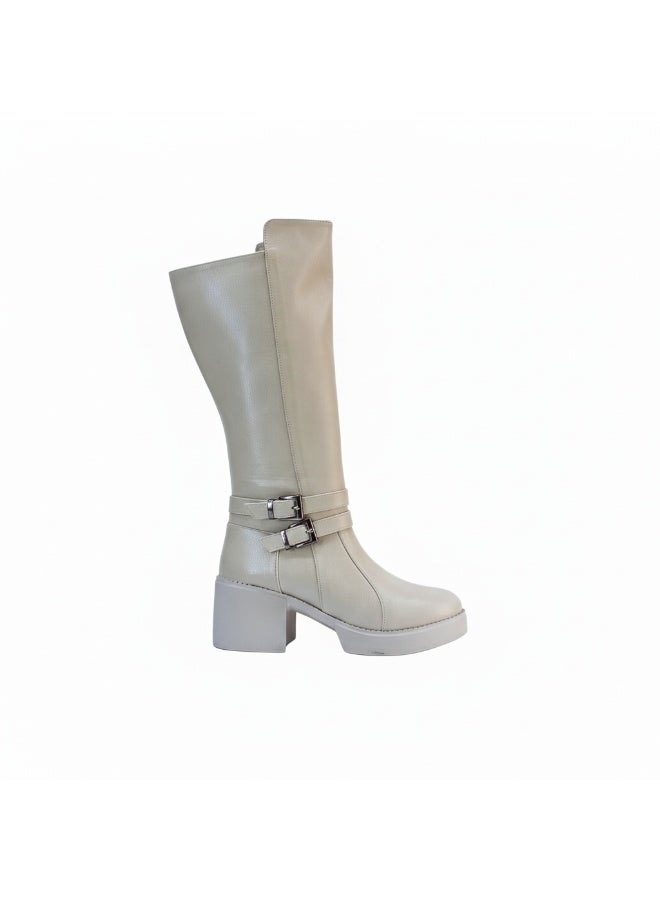 لايف ستيلاش  بوت طويل بكعب متوسط من الجلد أنيق LB-40 - بيج - Image 2