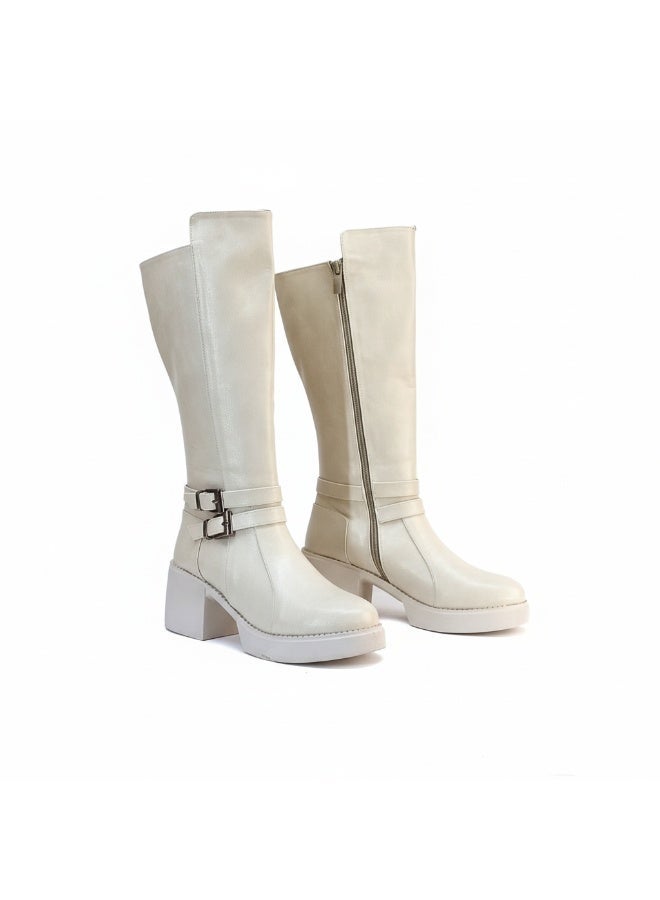 لايف ستيلاش  بوت طويل بكعب متوسط من الجلد أنيق LB-40 - بيج - Image 1