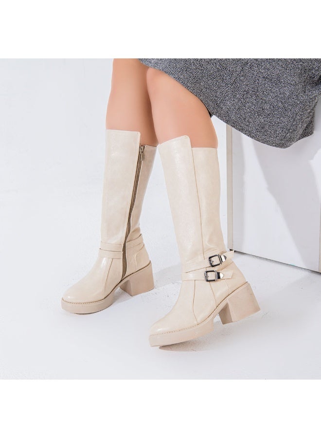 لايف ستيلاش  بوت طويل بكعب متوسط من الجلد أنيق LB-40 - بيج - Image 3