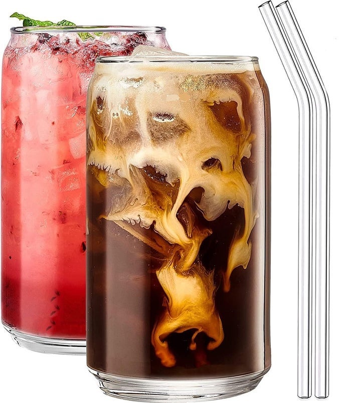 DRINKING GLASSES WITH GLASS STRAW SET OF 6 400ML BEER GLASSES CAN SHAPED GLASS CUPS TUMBLER FOR COLD COFFEE SMOOTHIES JUICE SODA ANY DRINK AND ANY OCCASION