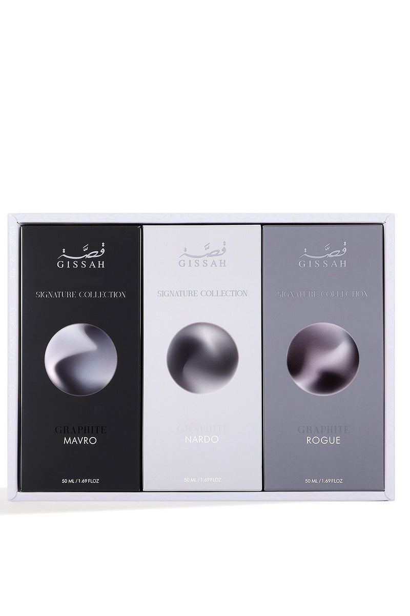 قصة طقم جرافيت – ٣ عبوات عطر ٥٠ مل (مافرو، روغ، نارْدو) + ٣ حقائب صغيرة - Image 5