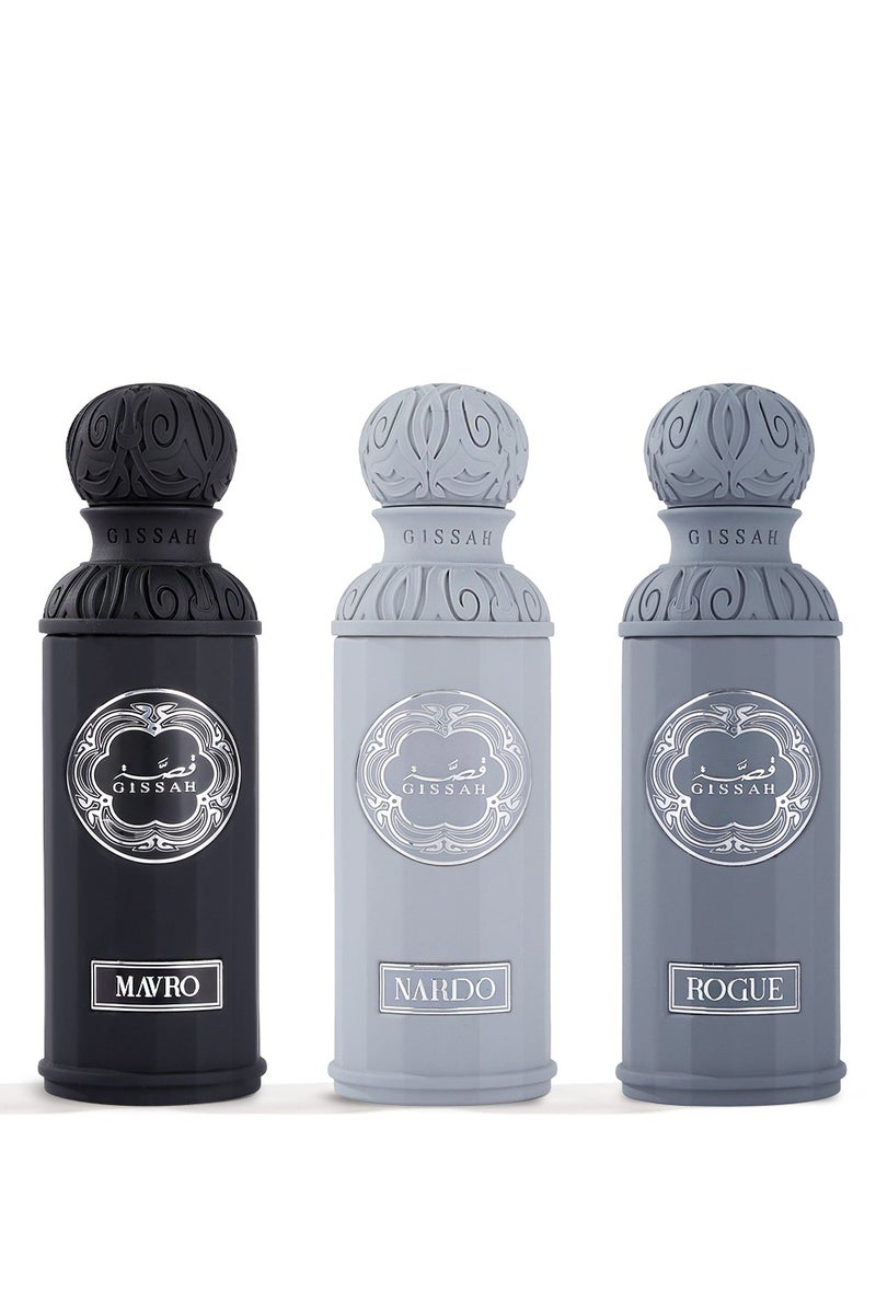 قصة طقم جرافيت – ٣ عبوات عطر ٥٠ مل (مافرو، روغ، نارْدو) + ٣ حقائب صغيرة - Image 1