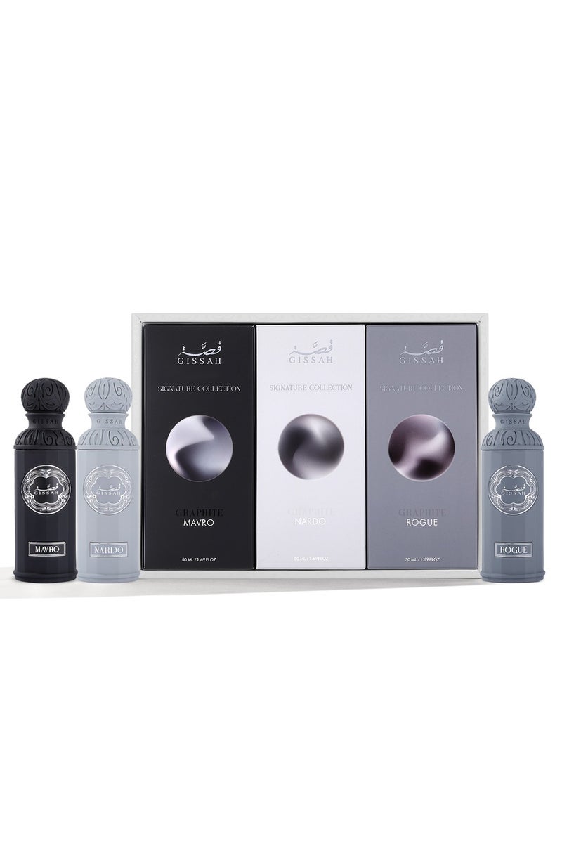 قصة طقم جرافيت – ٣ عبوات عطر ٥٠ مل (مافرو، روغ، نارْدو) + ٣ حقائب صغيرة - Image 2